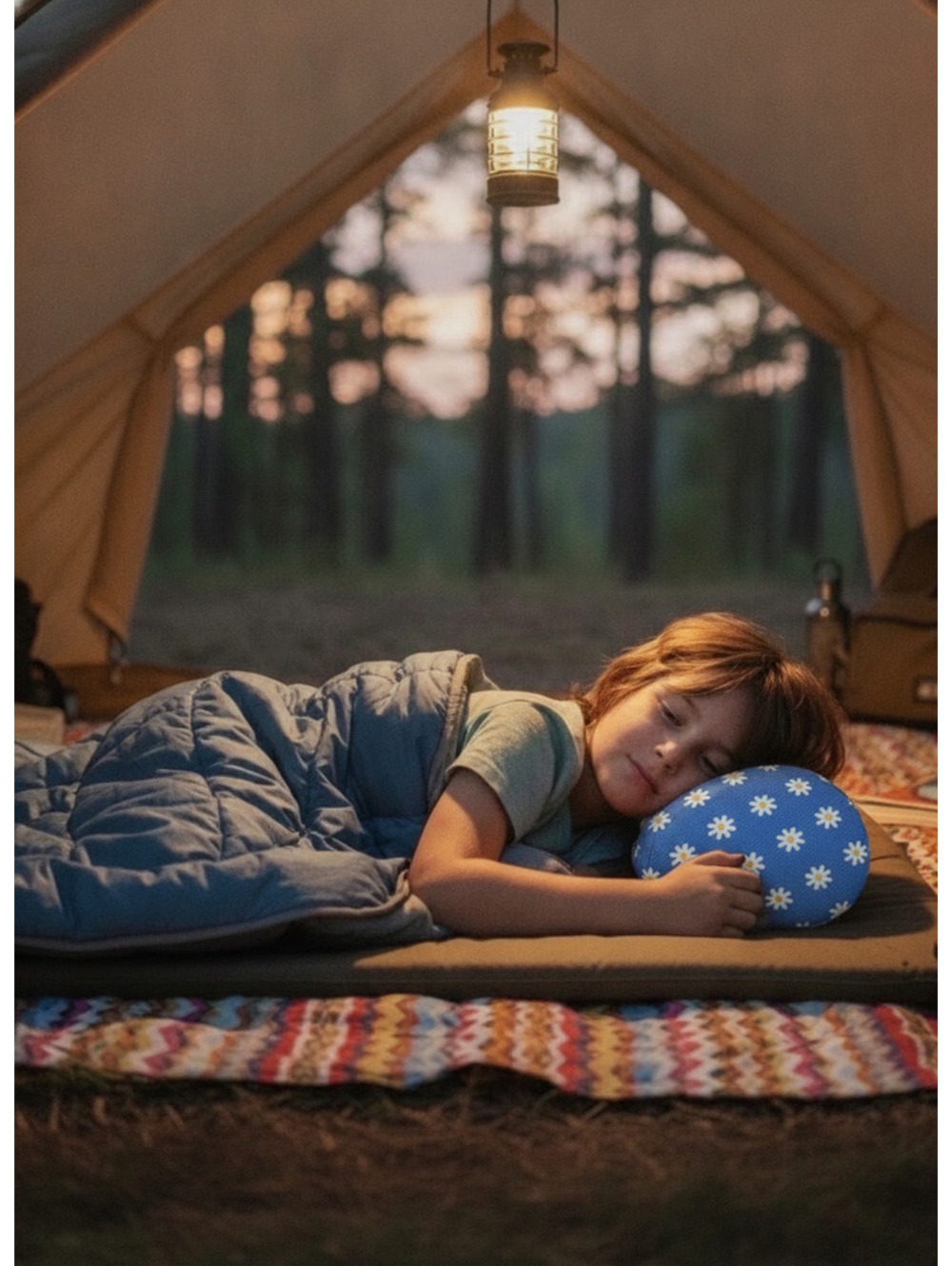 Camping Pillow- Blue with White Daisies